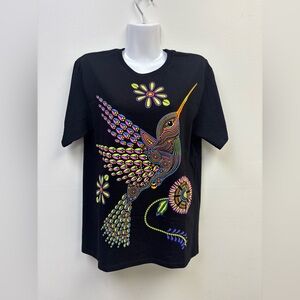 Gildan Black T-Shirt with Vibrant Bird and Floral Design
